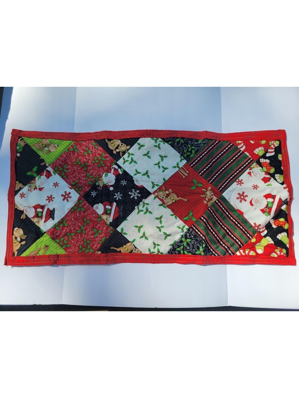 Handmade Christmas Table Runner Santa Reindeer Holly Quilted Multicolor